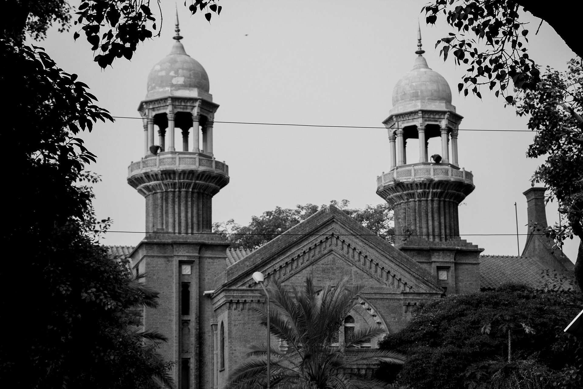 The historic Lahore High Court building in black and white