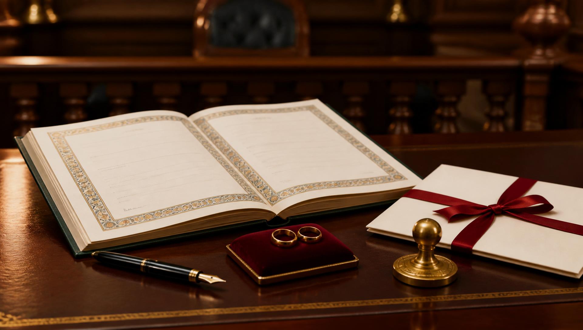 Marriage certificate register with two wedding rings on a courtroom table